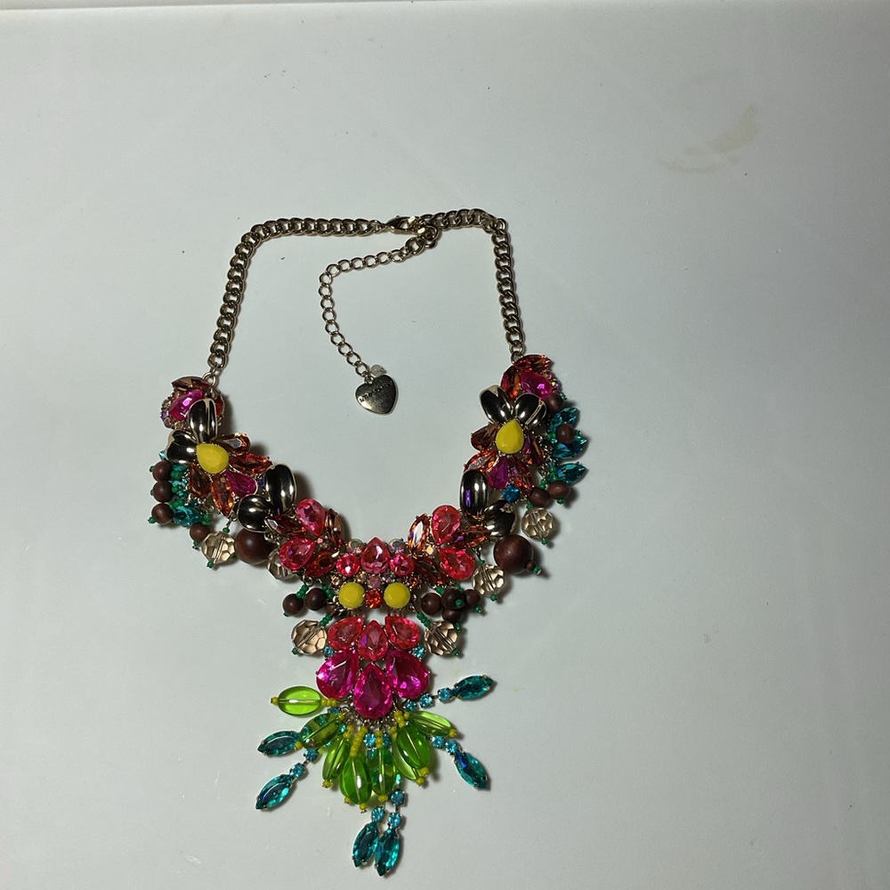 Pink and Yellow Floral Necklace with Gemstone Clusters